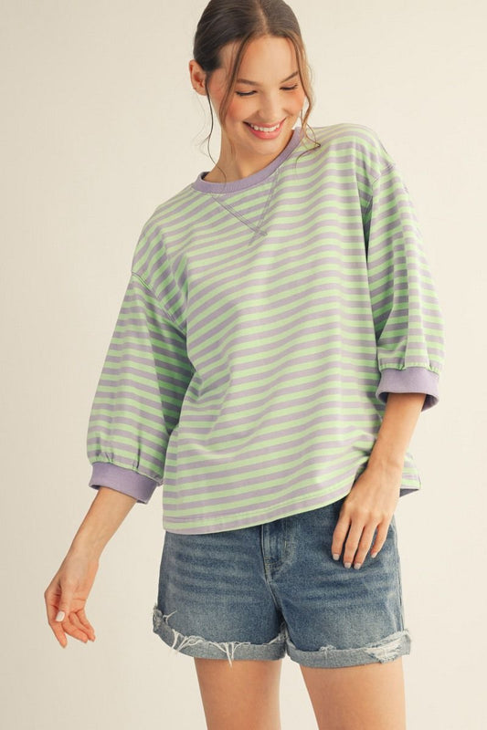 STRIPE 3/4 SLEEVE APPLE GREEN TOP