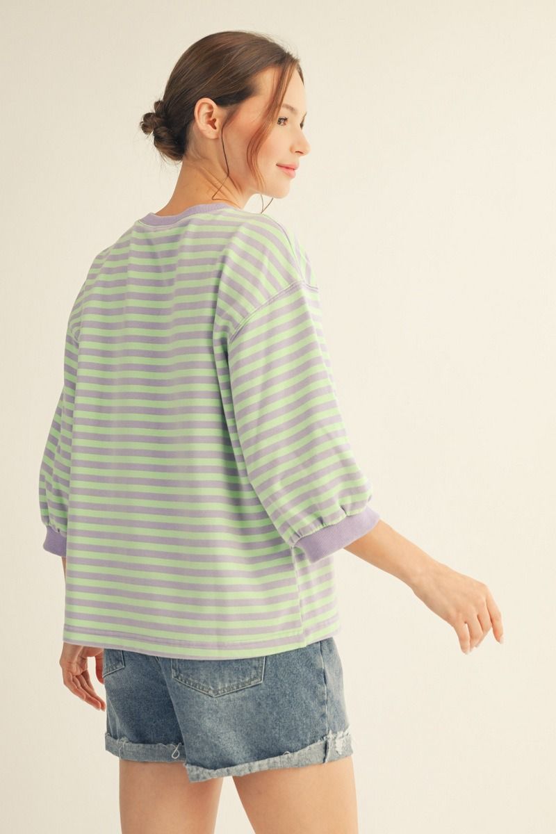 STRIPE 3/4 SLEEVE APPLE GREEN TOP