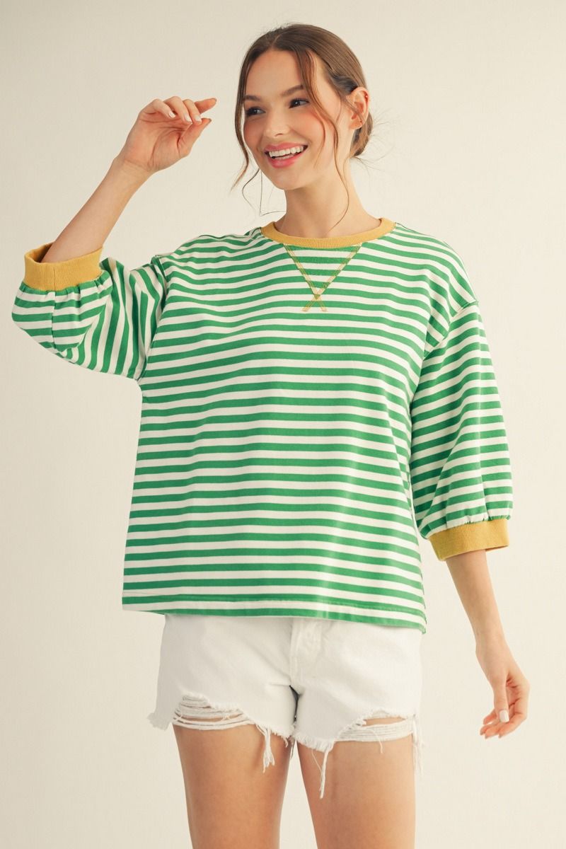STRIPE 3/4 SS GREEN STRIPE TOP