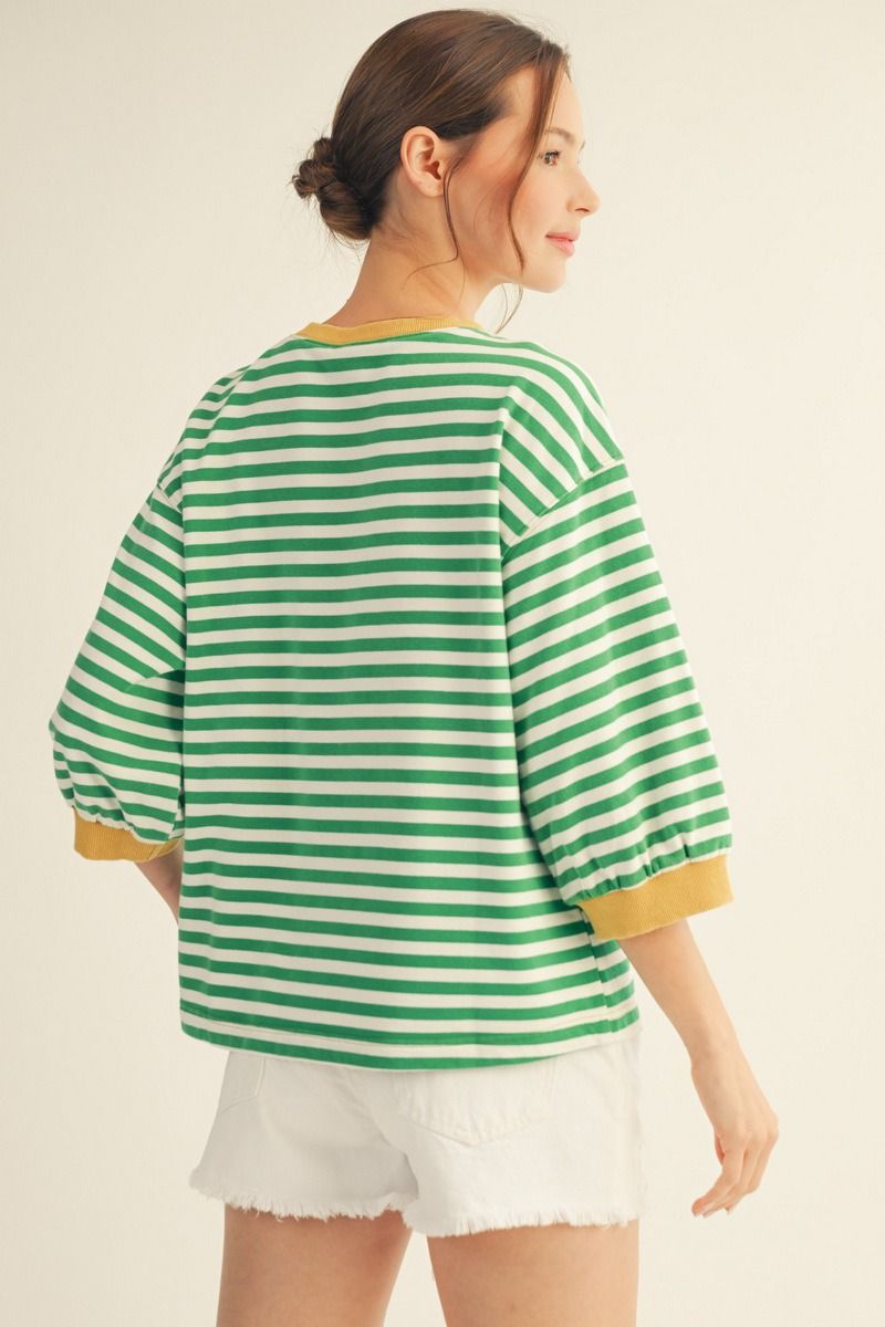 STRIPE 3/4 SS GREEN STRIPE TOP