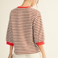 STRIPE 3/4 SS RED/BROWN TOP