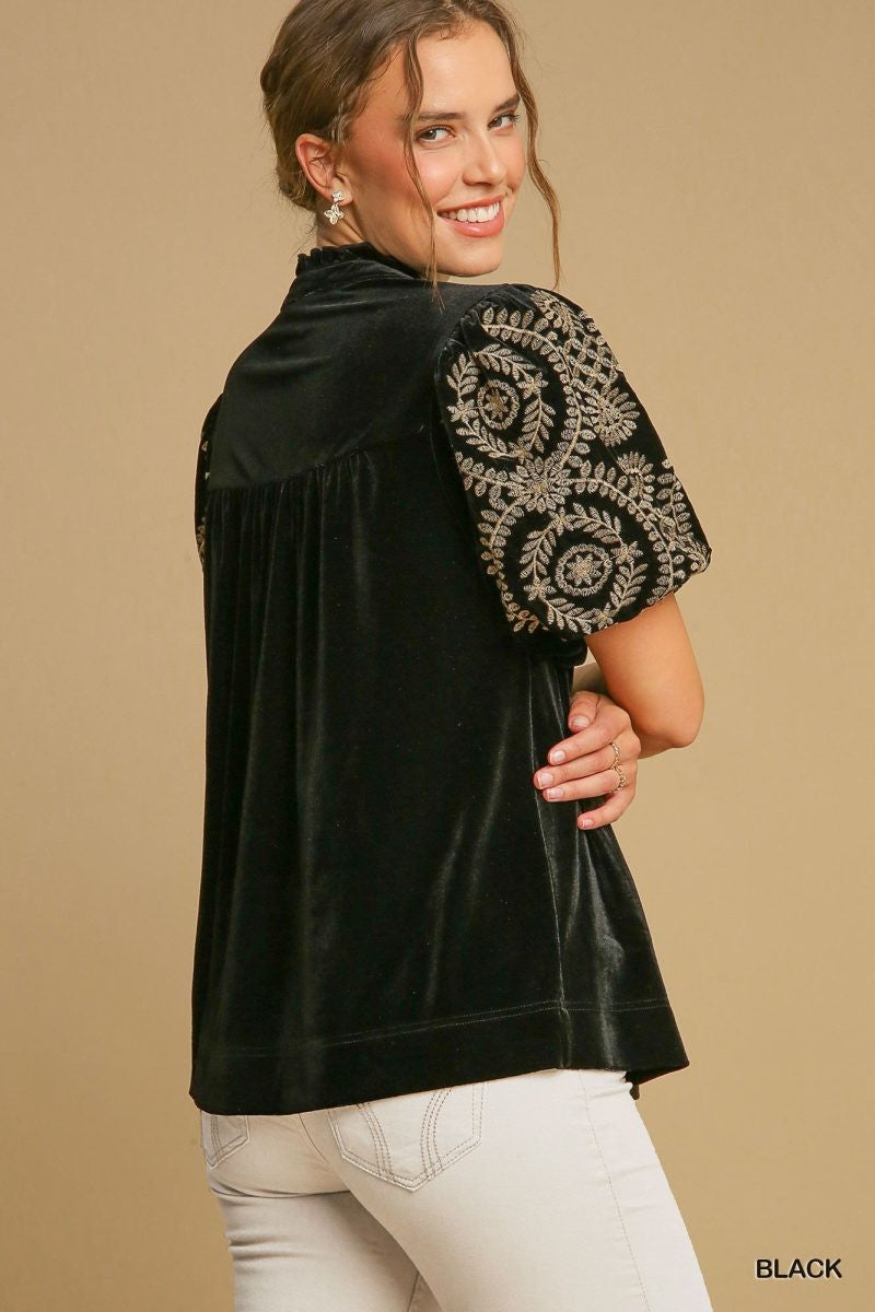 VELVET PUFF SLEEVE BLK TOP