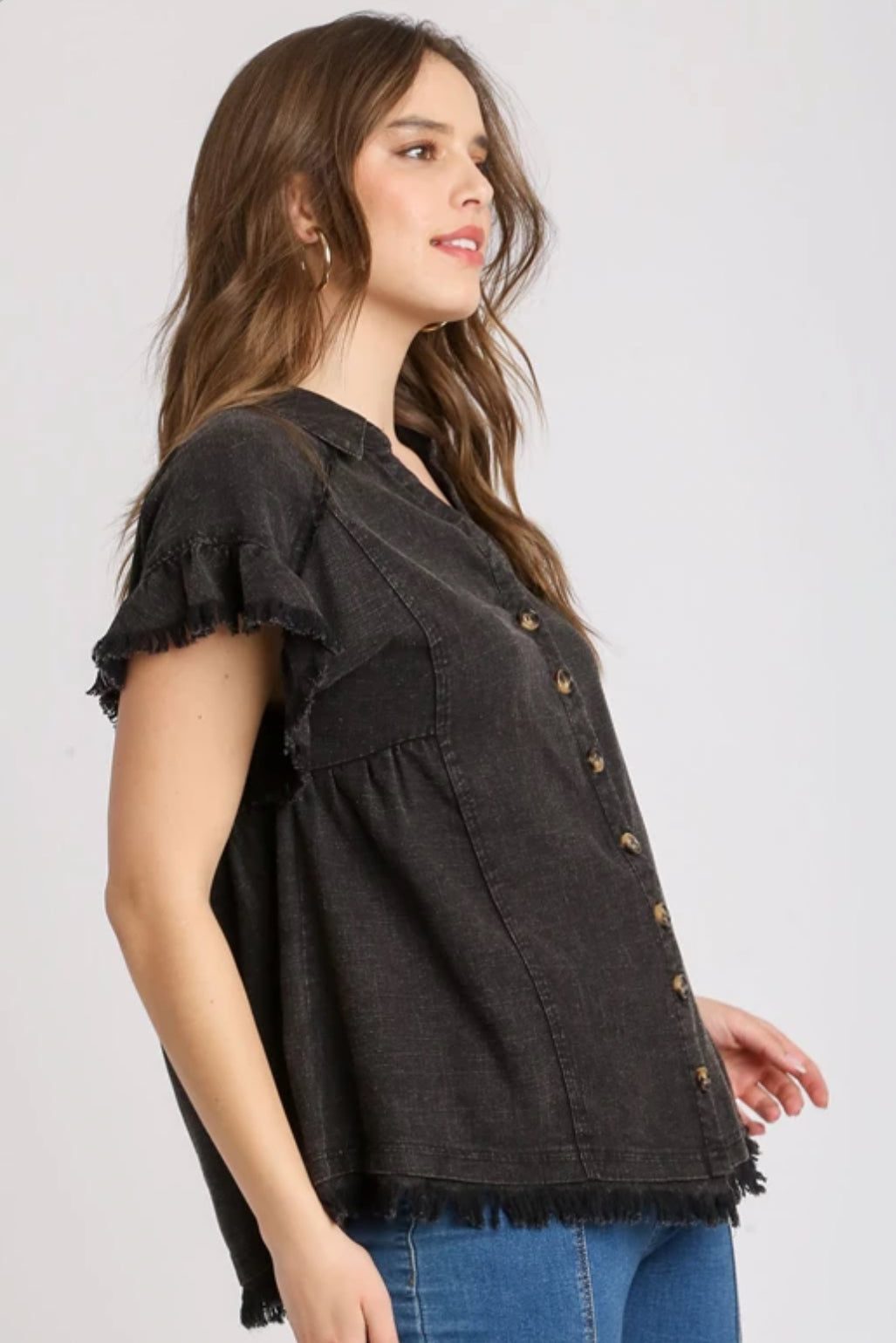 Black Linen Button Down Top