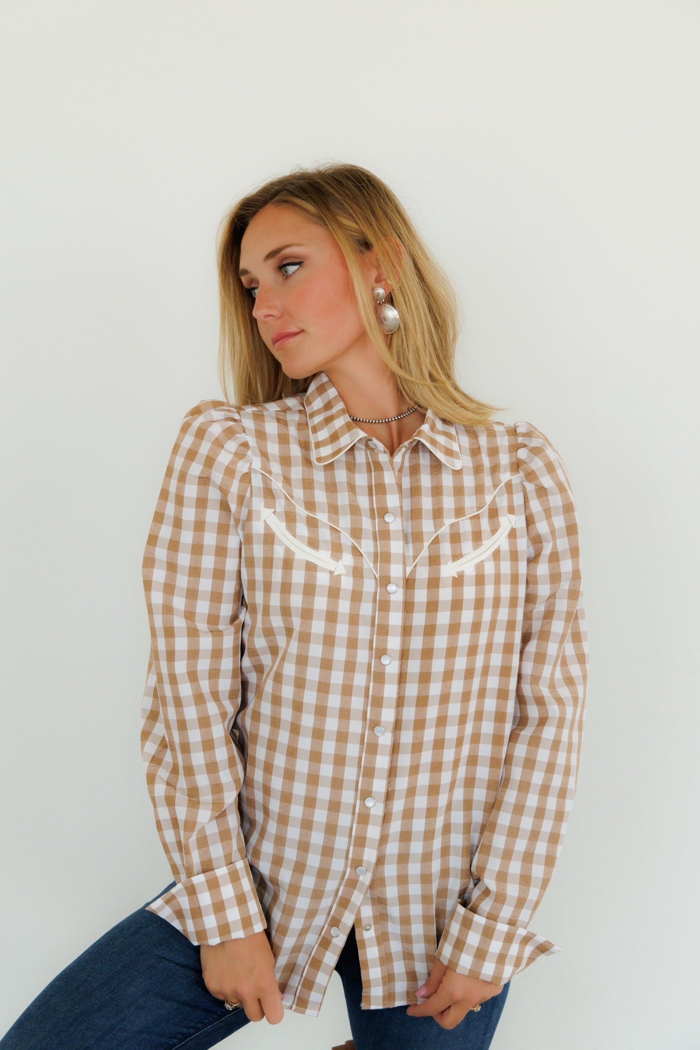 PLAID PEARL SNAP LS