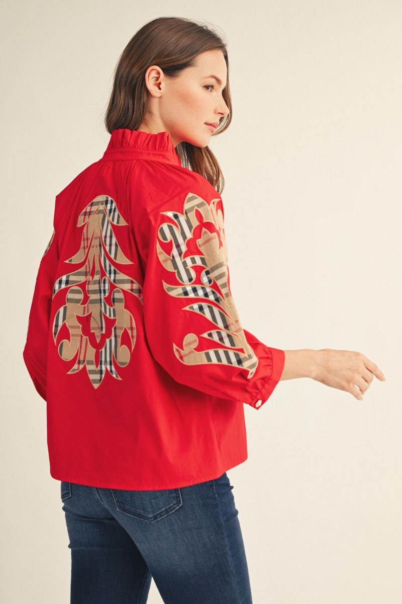 WM PLAID 3/4 RED TOP