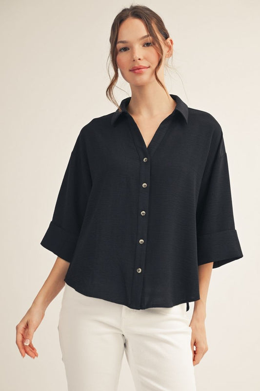 DROP SHOULDER 3/4 BLACK SS TOP