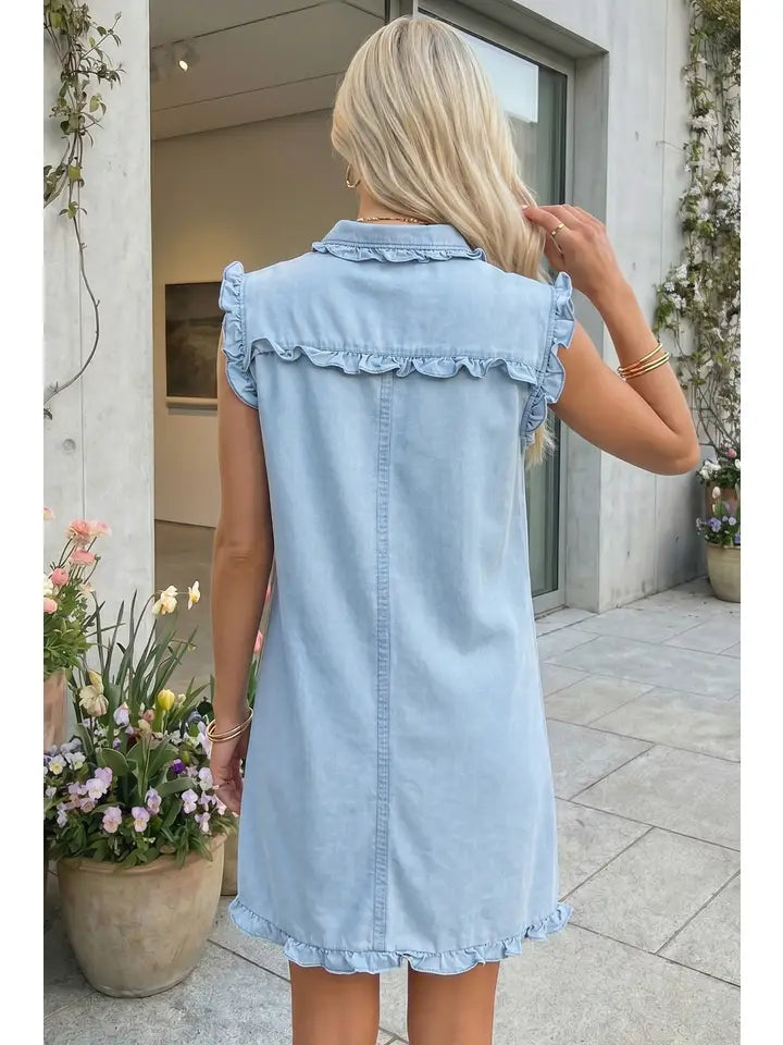 RUFFLED COLLAR DENIM DRESS