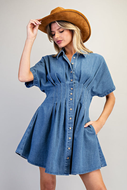 PLEATED DENIM DRESS
