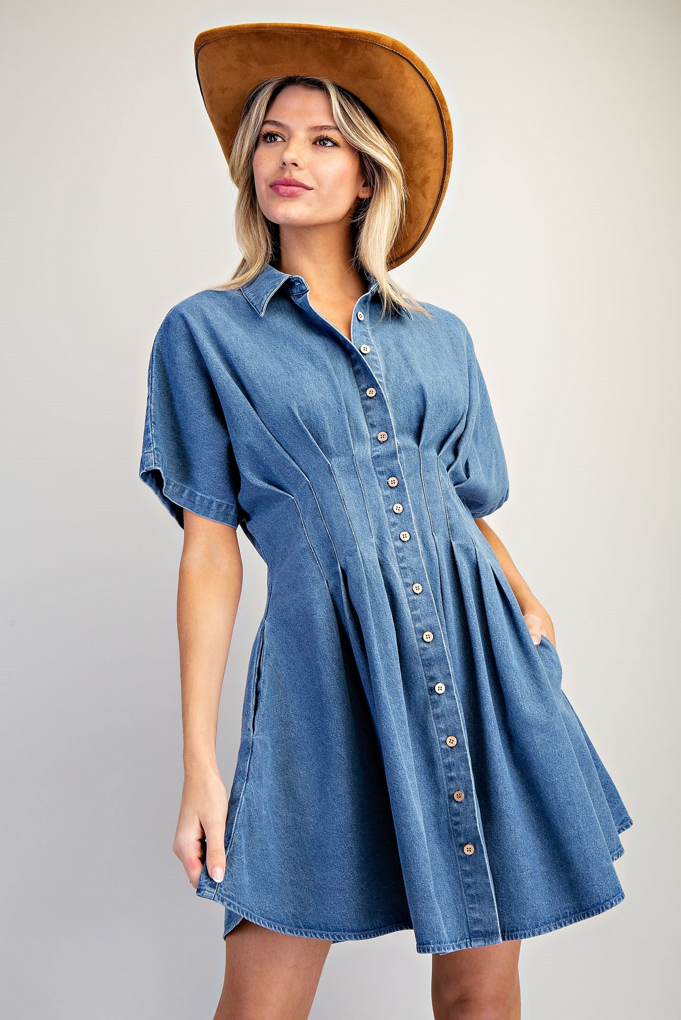 PLEATED DENIM DRESS