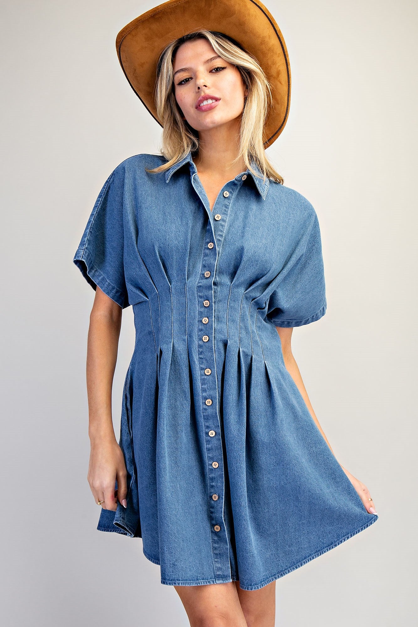 PLEATED DENIM DRESS