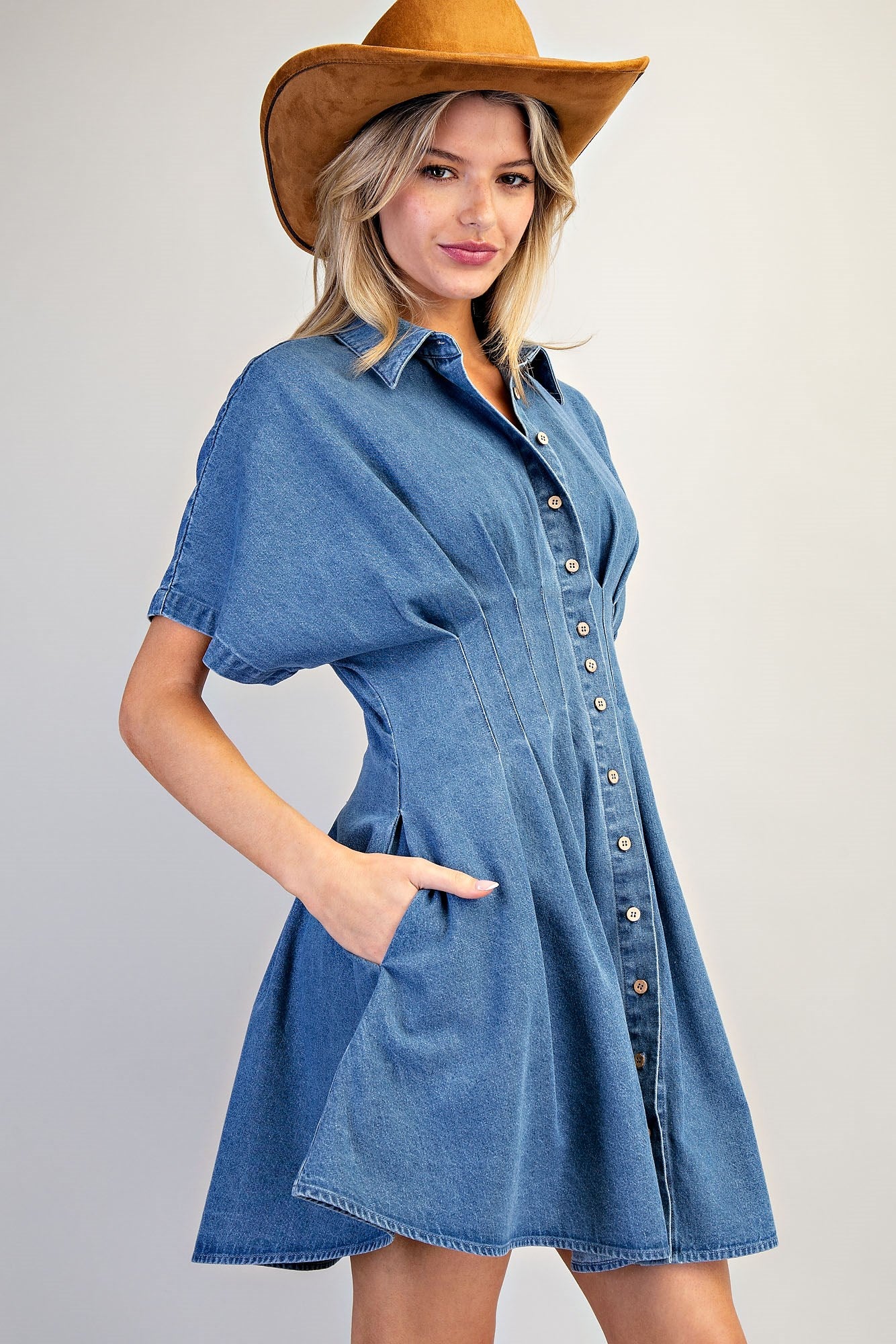 PLEATED DENIM DRESS