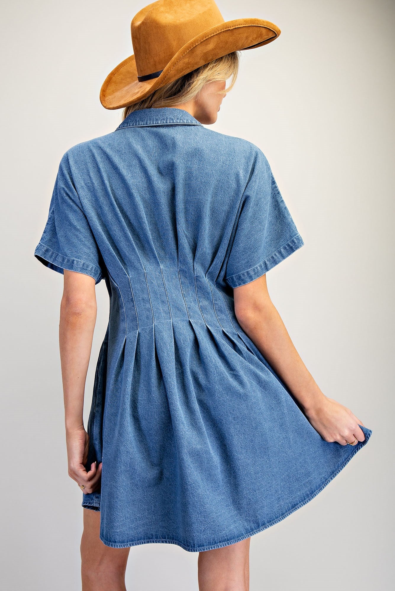 PLEATED DENIM DRESS