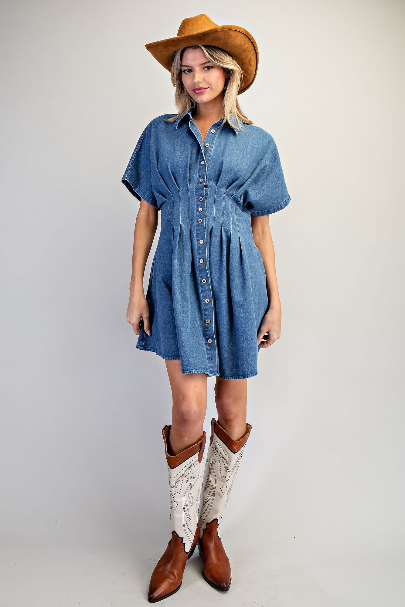 PLEATED DENIM DRESS