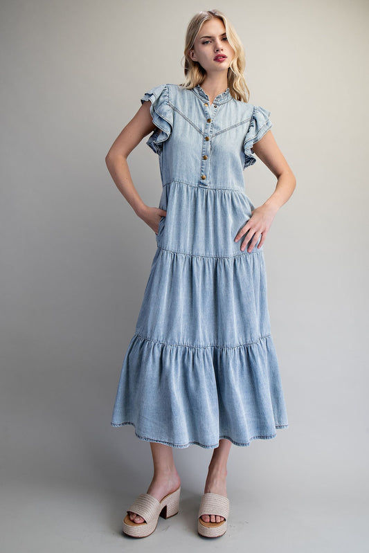 DENIM TIERED MAXI DRESS
