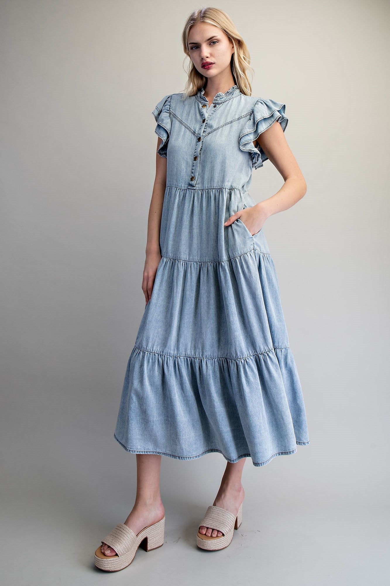 DENIM TIERED MAXI DRESS