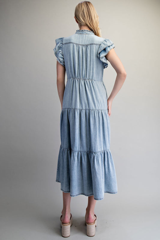 DENIM TIERED MAXI DRESS