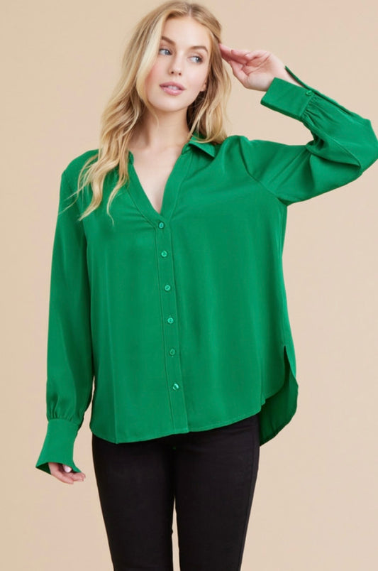 Solid Green Slit Collared LS Top