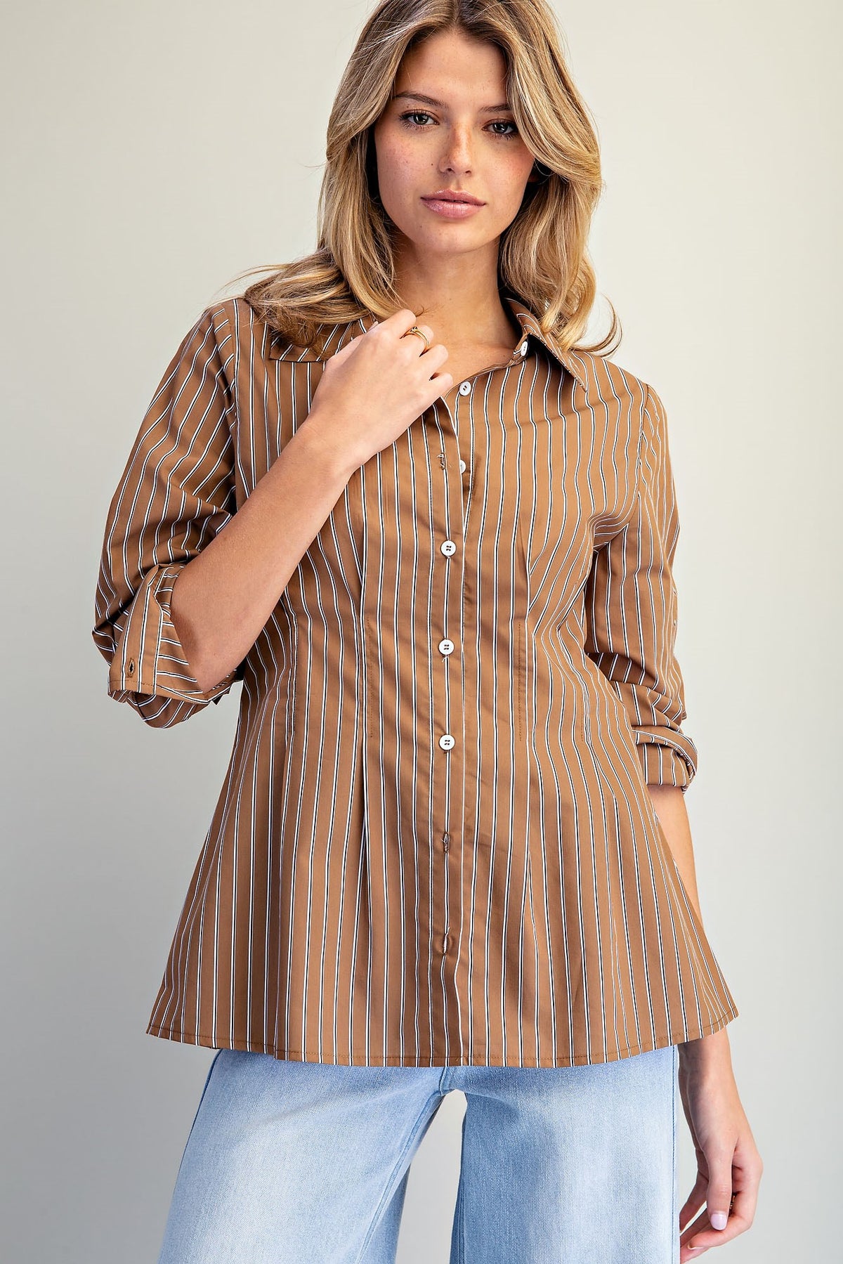 CINCHED STRIPE MOCHA BROWN LS TOP