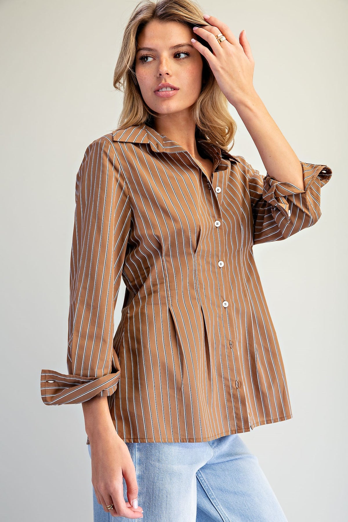 CINCHED STRIPE MOCHA BROWN LS TOP
