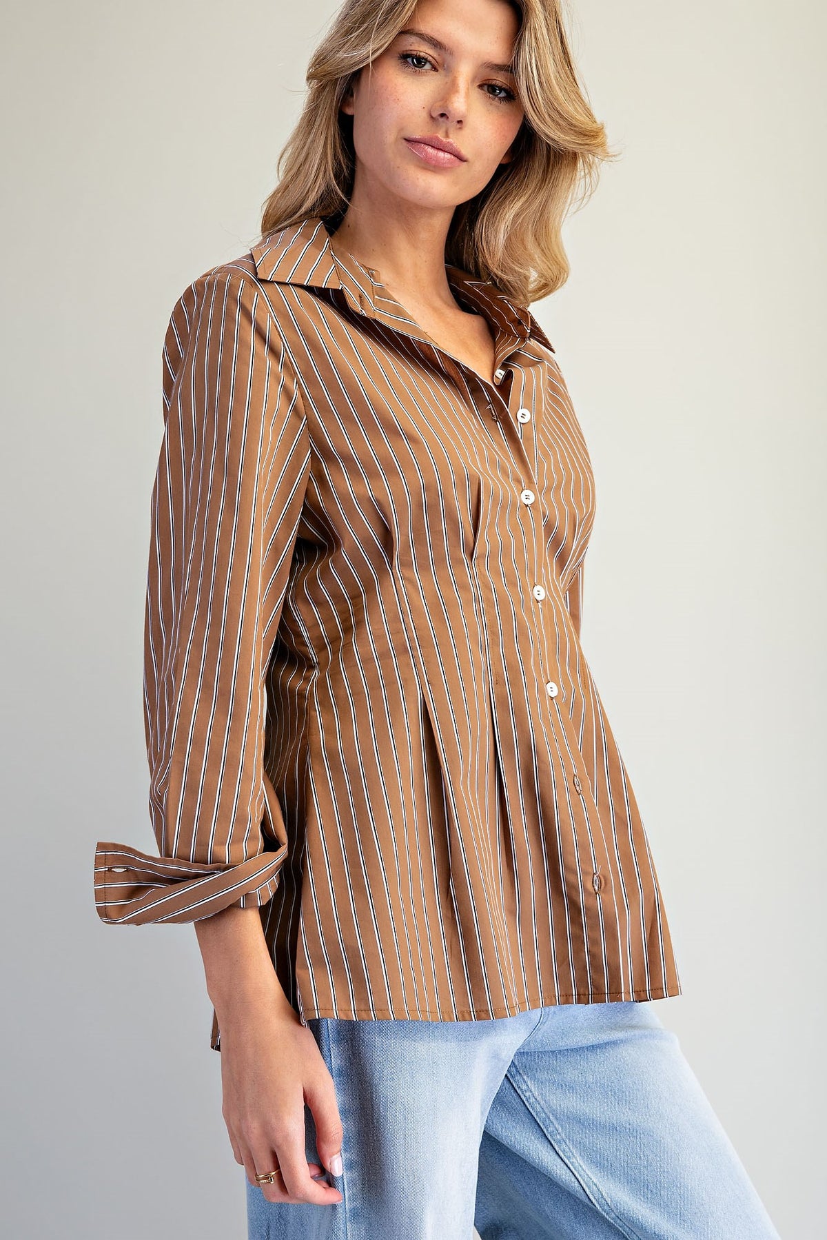 CINCHED STRIPE MOCHA BROWN LS TOP