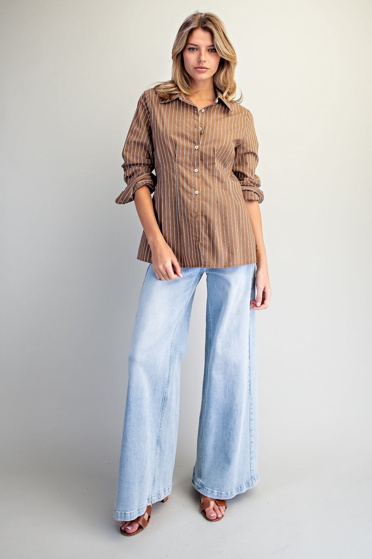CINCHED STRIPE MOCHA BROWN LS TOP