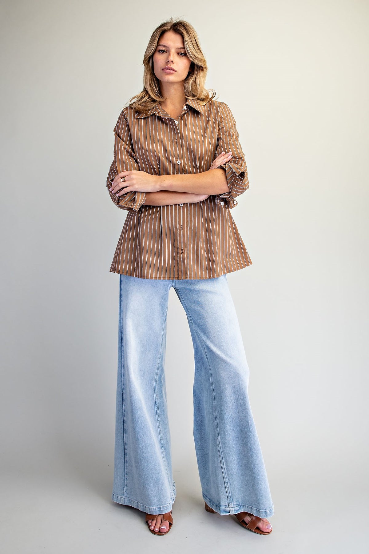 CINCHED STRIPE MOCHA BROWN LS TOP