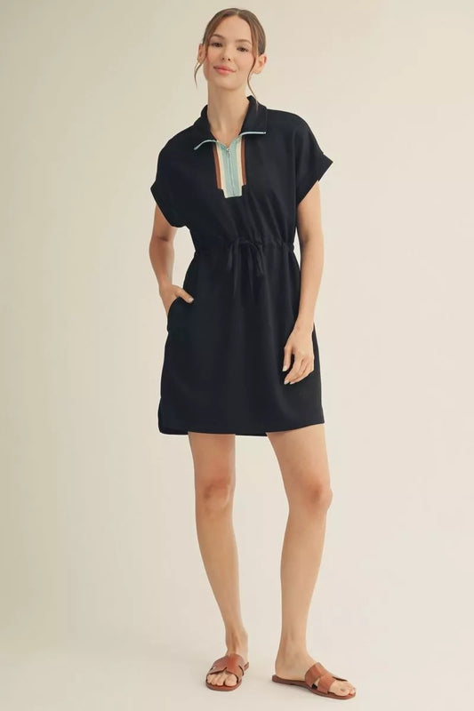 ZIP TIE WAIST BLACK DRESS