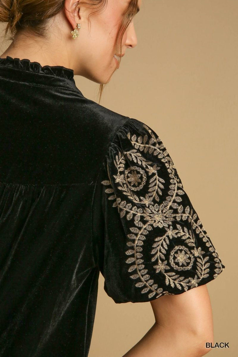 VELVET PUFF SLEEVE BLK TOP