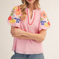 GINGHAM EMB SS PINK TOP