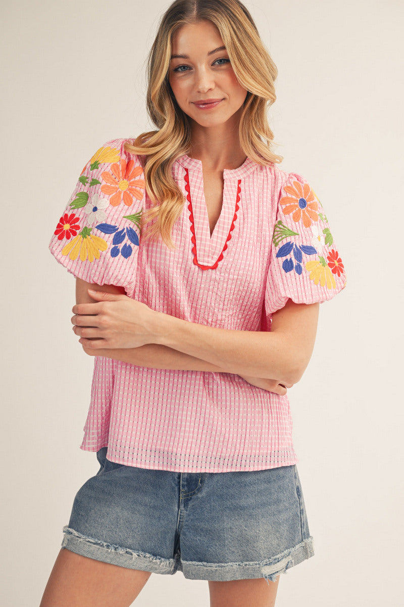 GINGHAM EMB SS PINK TOP