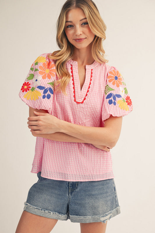 GINGHAM EMB SS PINK TOP