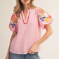 GINGHAM EMB SS PINK TOP
