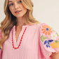 GINGHAM EMB SS PINK TOP