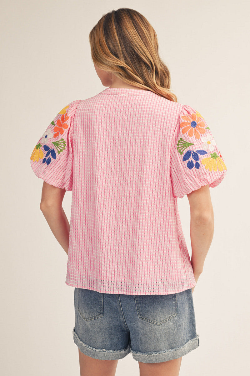 GINGHAM EMB SS PINK TOP