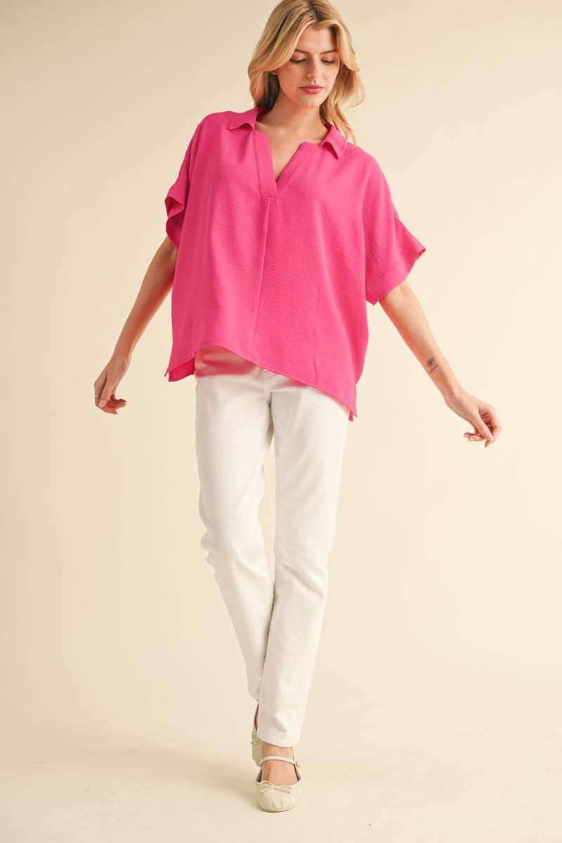 BOXED COLLAR SS HOT PINK TOP