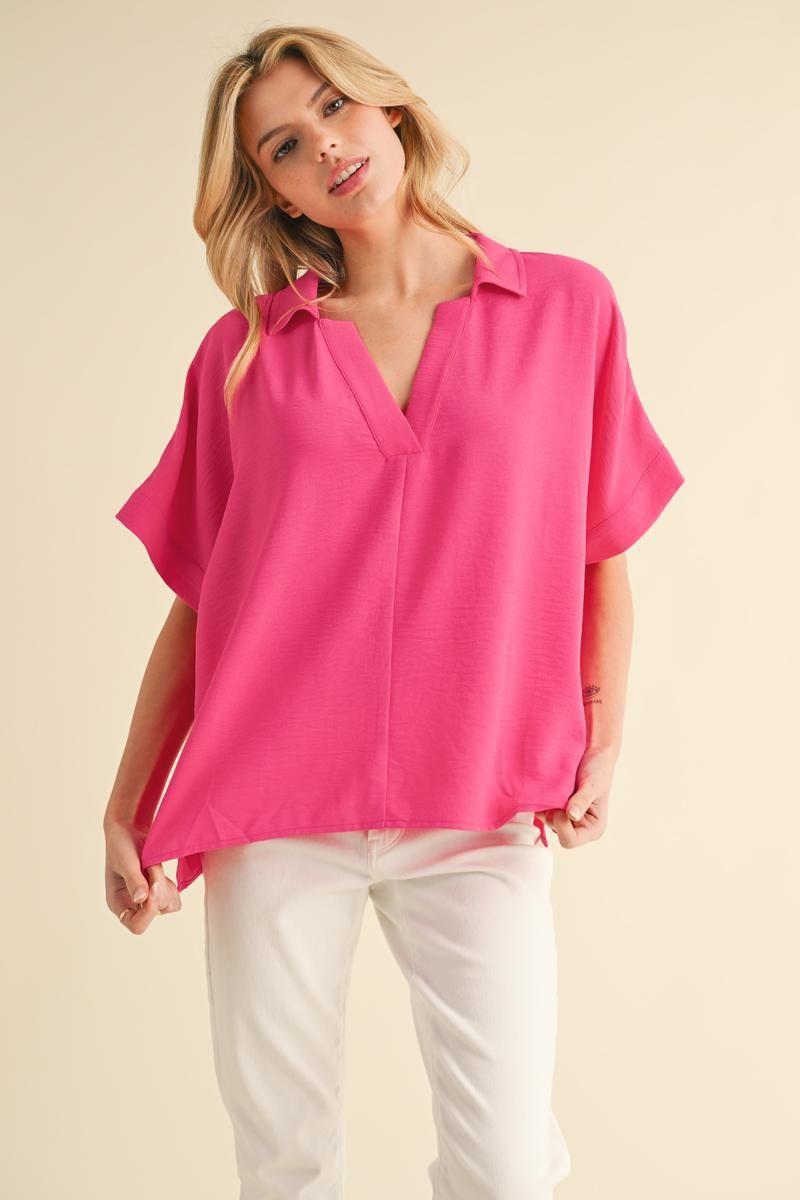 BOXED COLLAR SS HOT PINK TOP