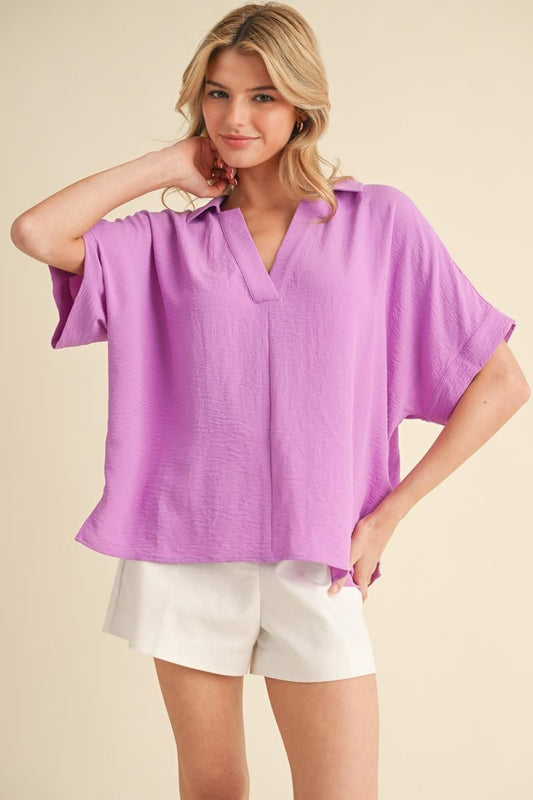 BOXED COLLAR SS ORCHID TOP