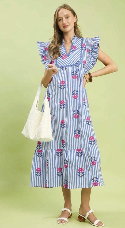 FLORAL FLUTTER MIDI BLUE DRESS
