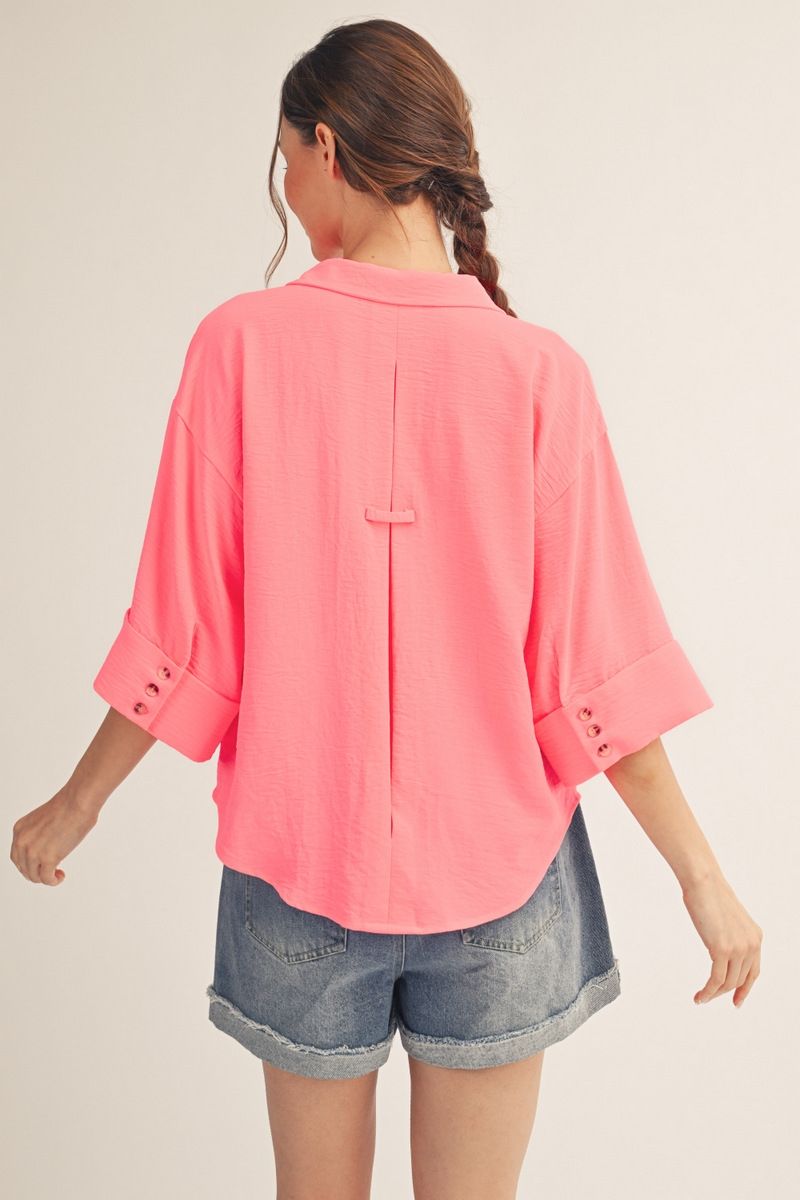 DROP SHOULDER 3/4 NEON PINK SS TOP