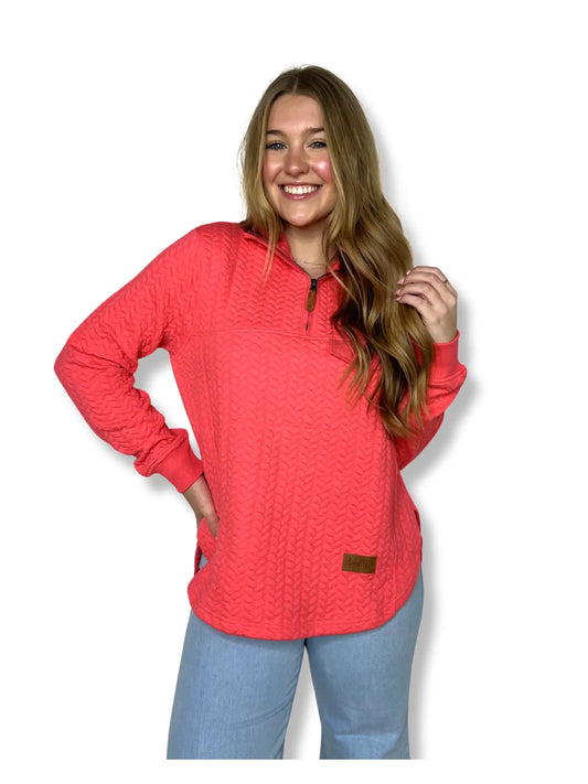 QUILTED HOT CORAL PULLOVER