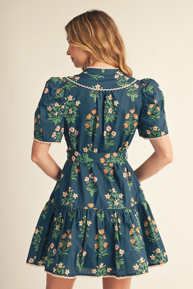 SCALLOP FLORAL TEAL DRESS