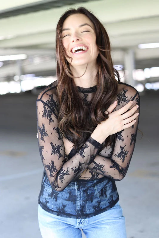 WM LACE BLACK LS TOP