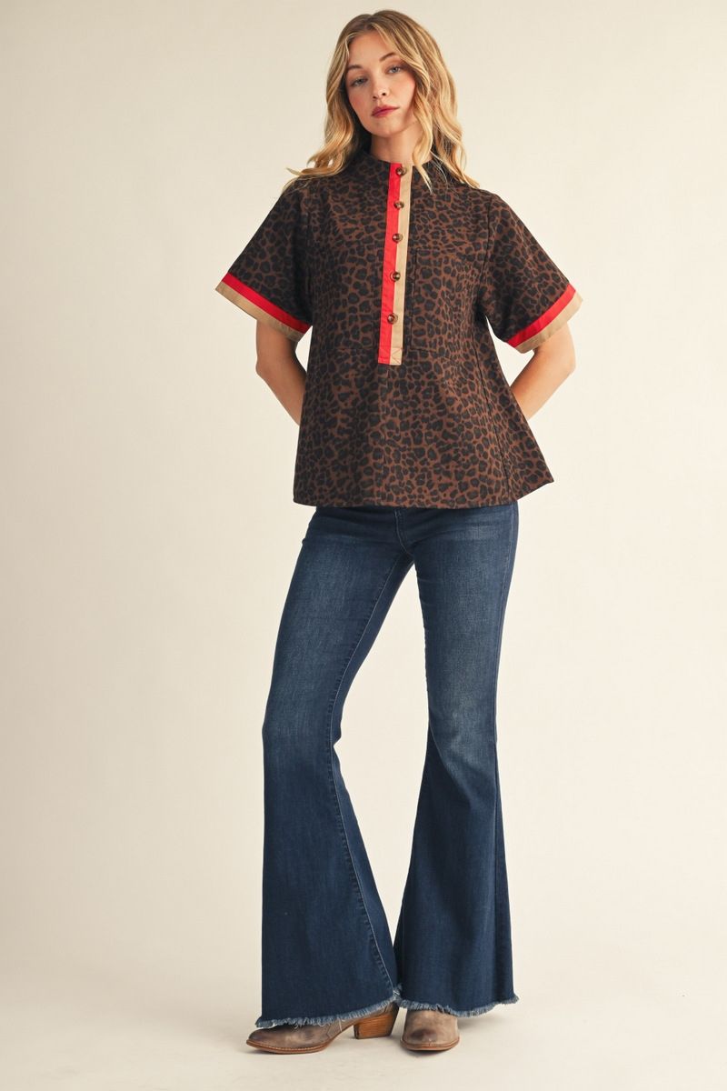 LEOPARD SMOCK NECK BROWN TOP