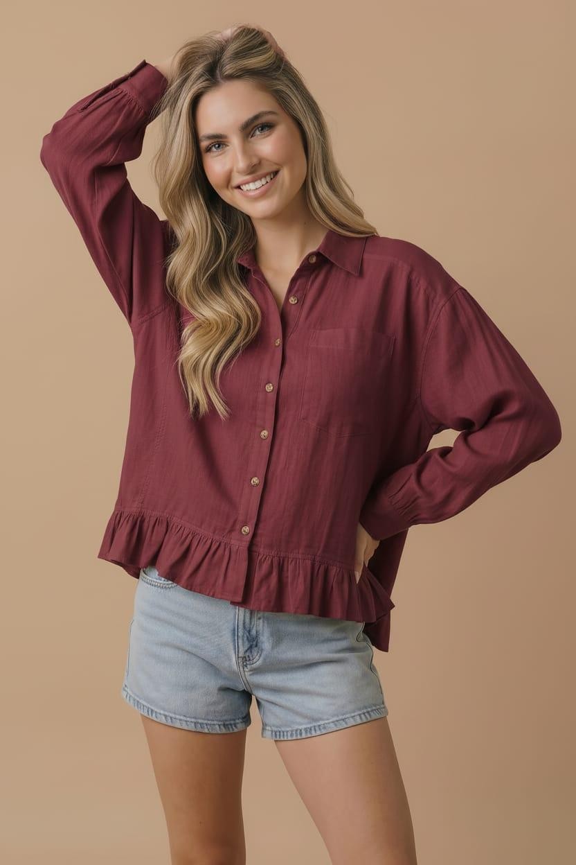 PEPLUM SOLID MAROON TOP