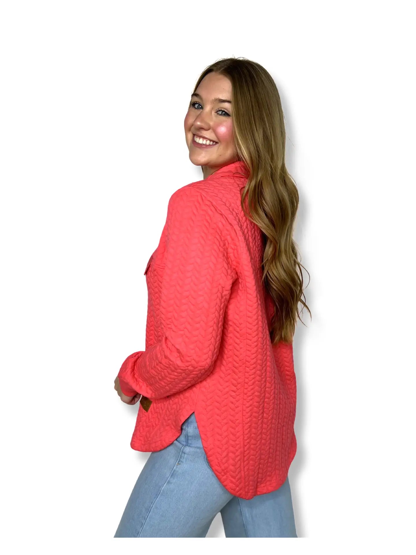 QUILTED HOT CORAL PULLOVER