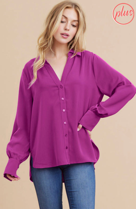 Solid Purple Slit Collared LS Top