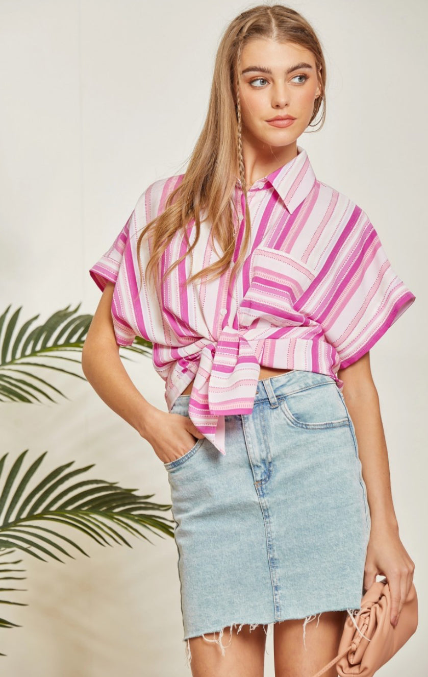 Magenta Stripe Button-Up Top