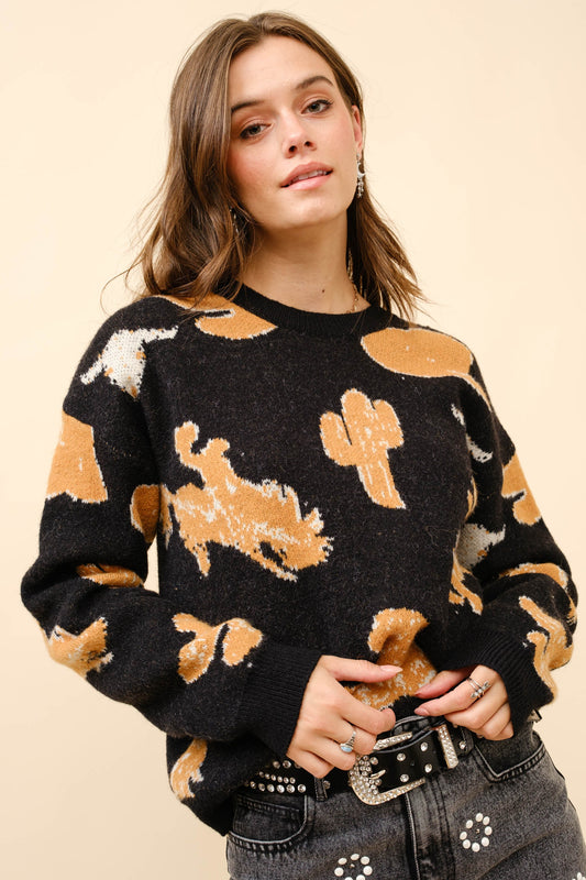 WESTERN MOTIF LS SWEATER