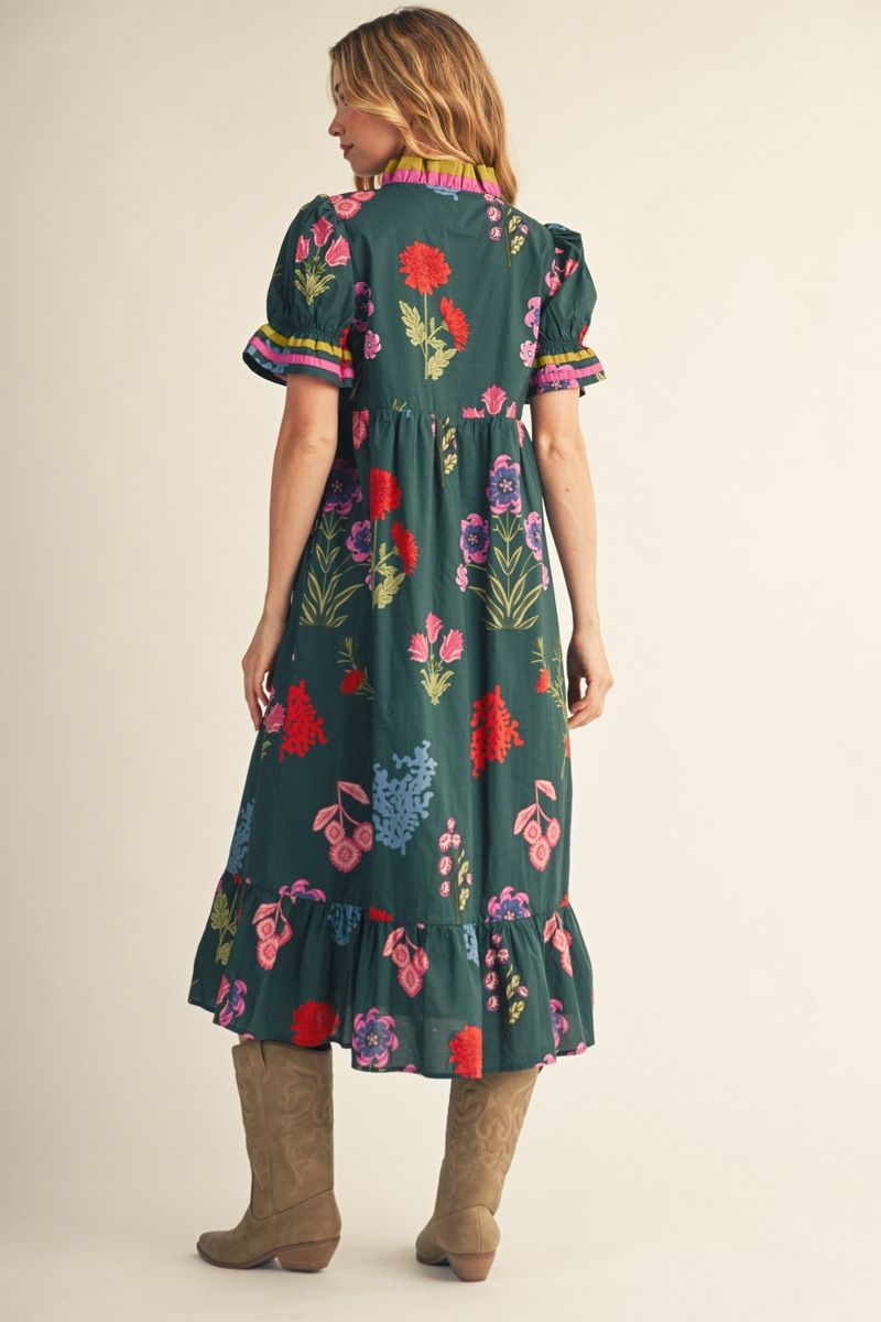 FLORAL MIDI HUNTER GREEN DRESS