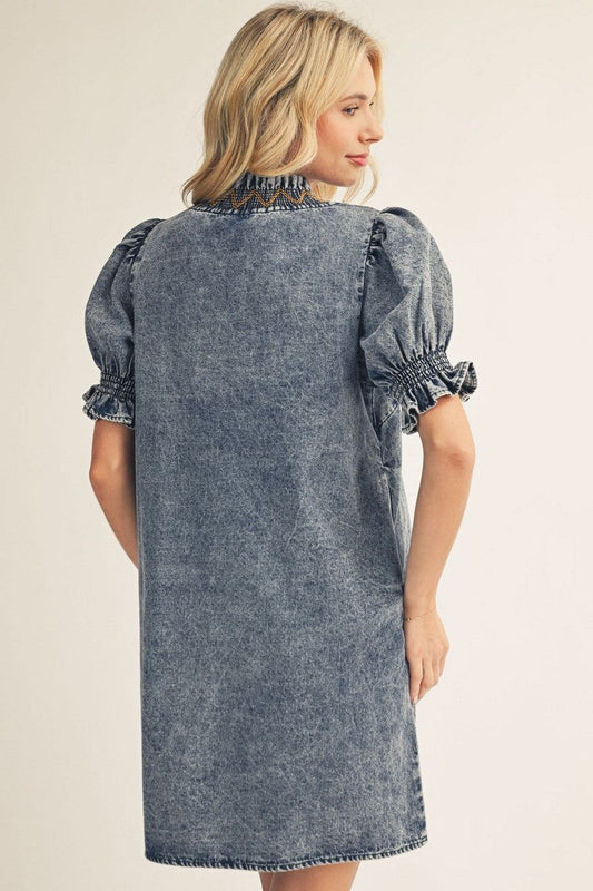 SMOCK EMB DENIM DRESS